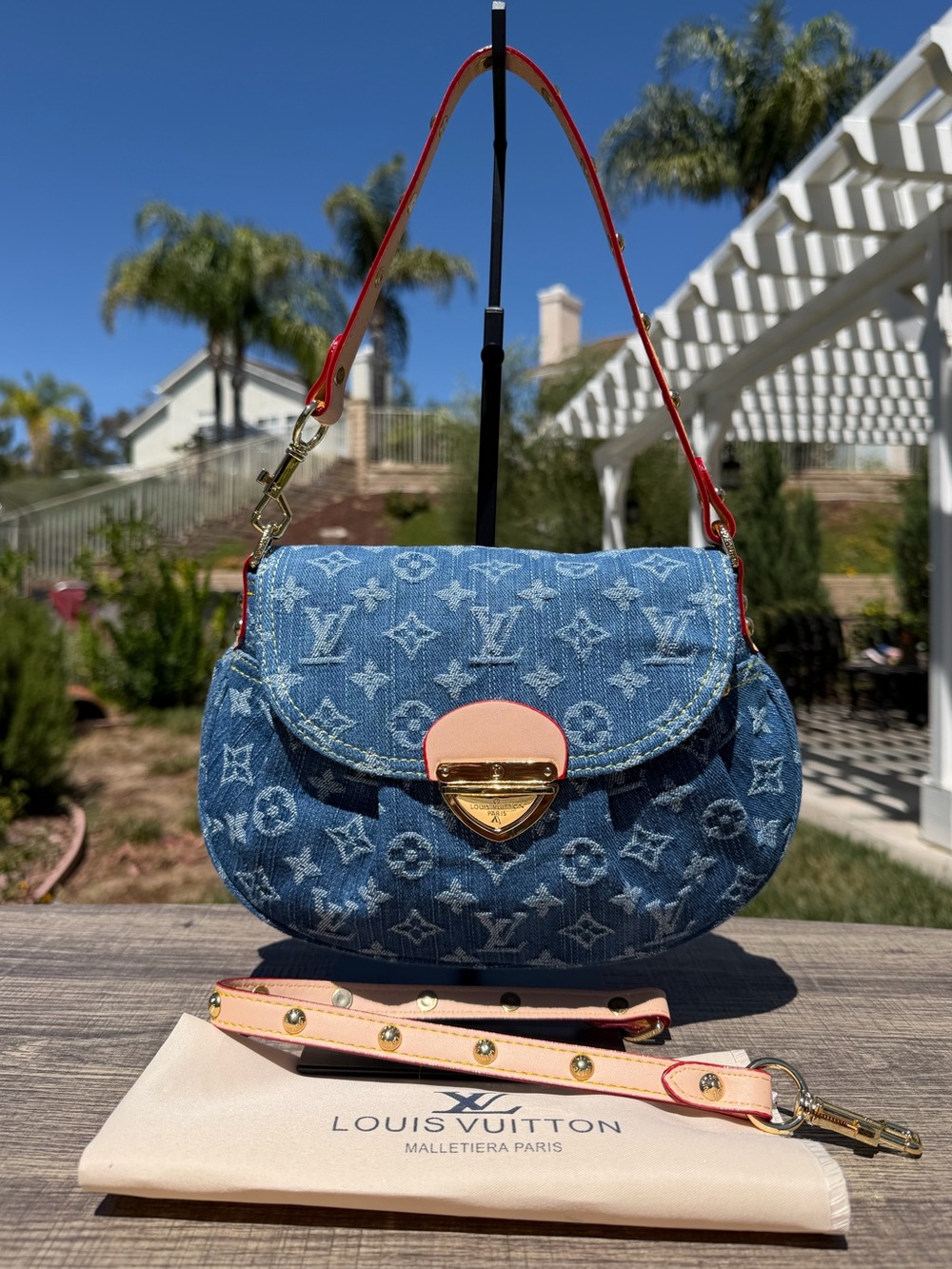 NEW Y2K LV Print Sunset Blue Denim Jean Monogram Top Handle Shoulder Bag